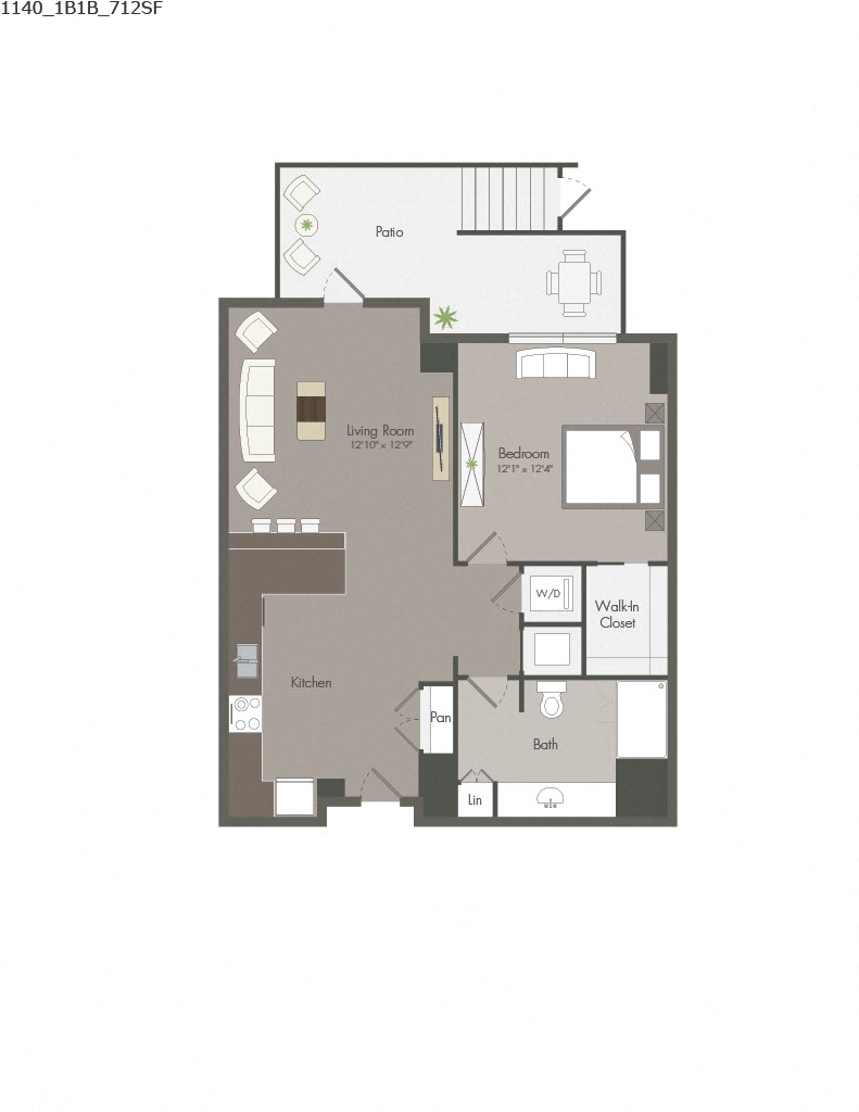 Floor plan for 1 bed, 1 bath, 712 sqft
